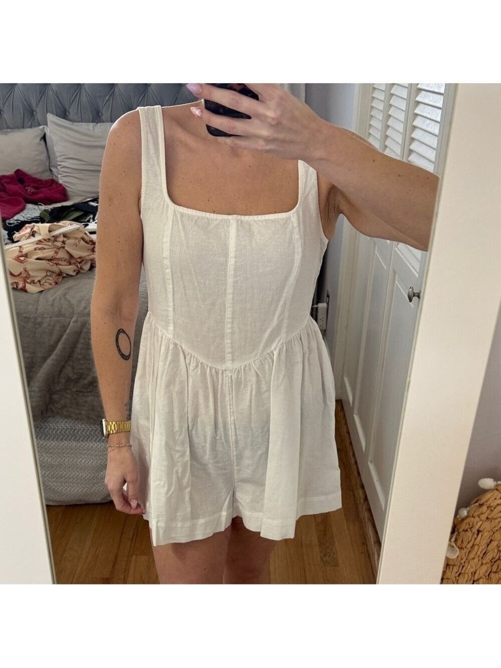 Ivory Linen Square Neck Romper - Picture 1 of 2